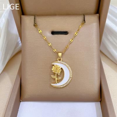Moon Rose Light Luxury Temperament Gorgeous Full Diamond Necklace Female Versatile Collarbone Chain Titanium Steel Chain
