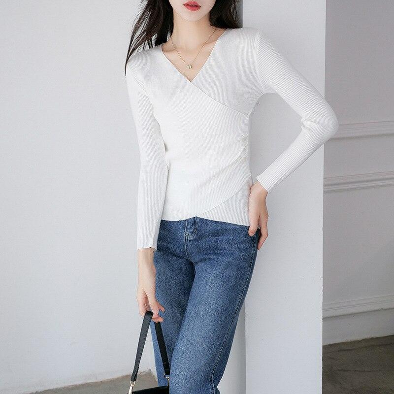 

Весенне-осенние тонкие вязаные свитера с v-образным вырезом, женские модные топы, однотонные приталенные пуловеры, повседневные свитера с длинными рукавами, одежда 28214 L белый