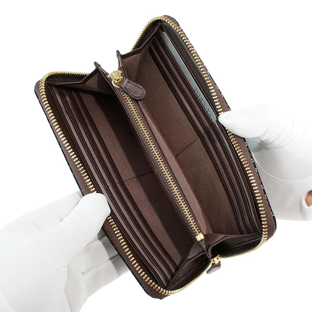 Inden-ya Inden Langes Portemonnaie mit Rundum-Reißverschluss und Münzfach, Hirschleder, Shirabe Maiglöckchen-Muster, Schwarz mit Beiger Lackierung und Perlmuttweiß