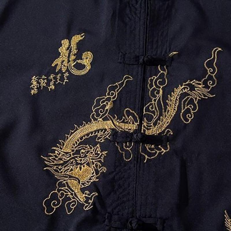 Traditional Chinese Style High Quality 2 IN 1 Tang Suit 2 Patterns Embroidery Dragon Hanfu Blouse Wu Tang Suit Men Kung Fu T Shirts Tops Jackey