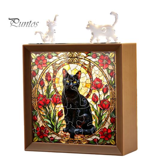 Wooden Photo Frame Base DIY Acrylic Cat Puzzles Night Light, Hand-Assembled Stained Glass Style Jigsaw Lamp with Personalized Handmade Presents Decor,
