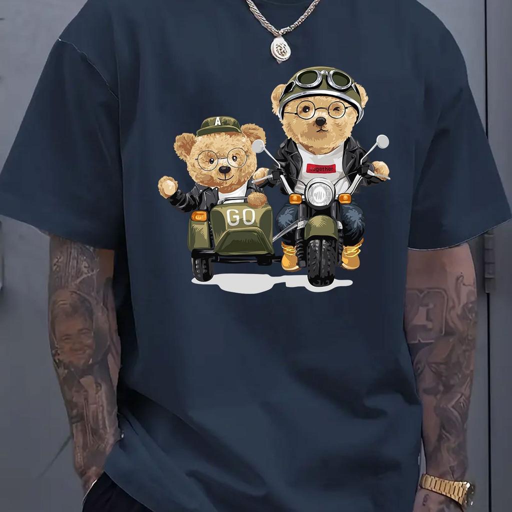 Summer 100 Cotton Fashionable Casual Sports Loose Cartoon Bear Pattern Printed Round Neck Short Sleeved Men's T-shirts