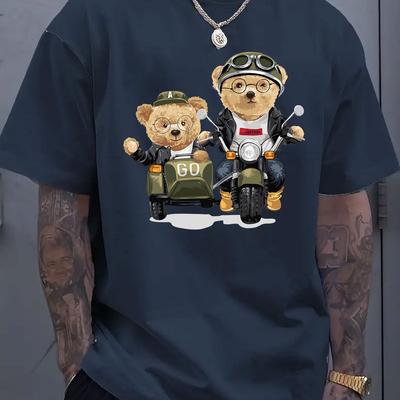Herren Sommer 100 Baumwolle Modisch Lässig Sportlich Locker Bär Cartoon Muster Gedruckt Rundhals Kurzarm T-Shirt Top T-Shirt