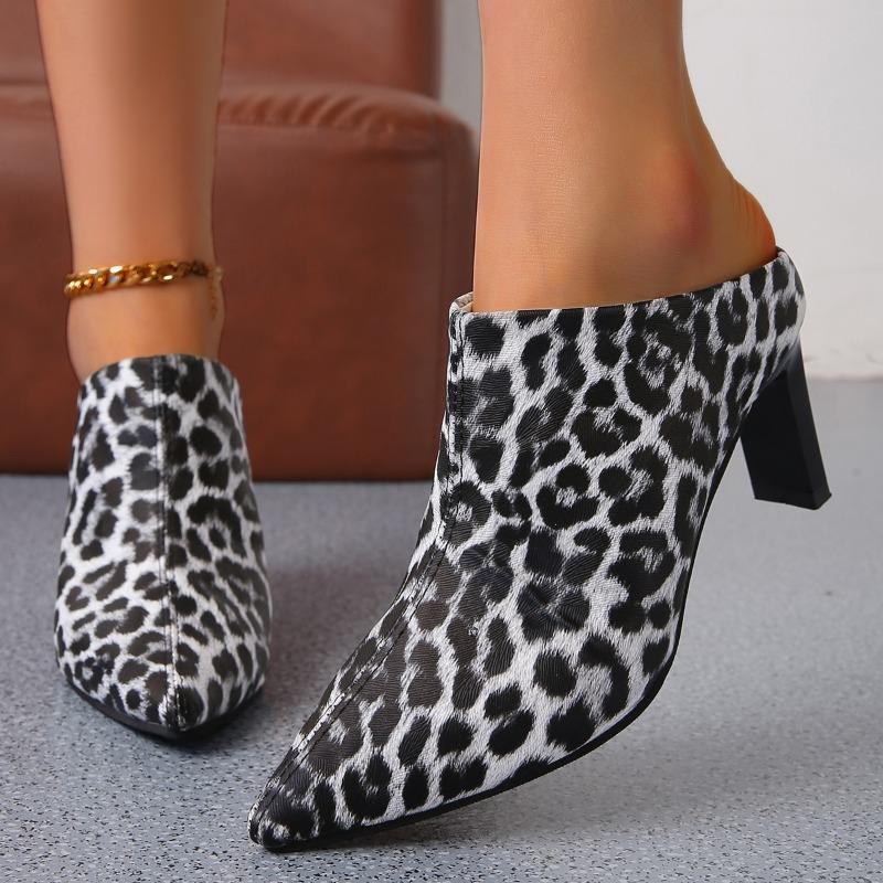 Fashion 2025 New Fashion Luxury Leopard Women Sandals Leather Casual Shoes Hoof Heels  Pointed Toe Ankle Slipper Big Size 42