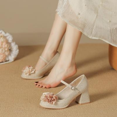 Mary Jane Shoes Women's 2025 New National Style Single Shoes Round Head with Sandals Women's Thick Heels Light Mouth High Heels Women