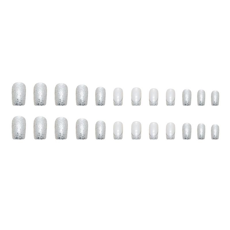 24 Pieces Medium and Long European Square Flash Silver Powder French Manicure European and American Fashion Ins Wind Bright Fake Nails