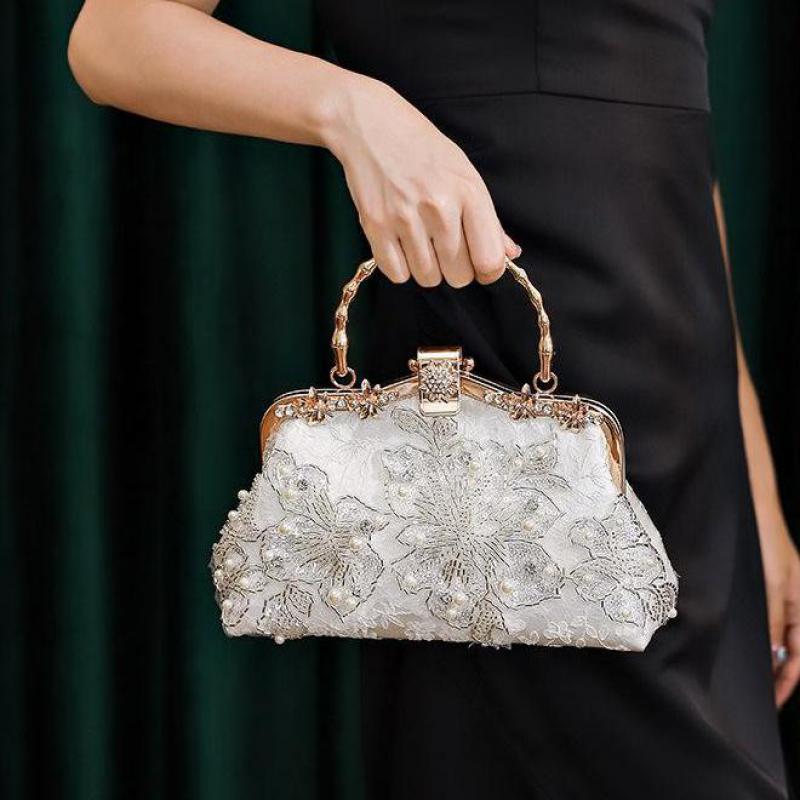 Johnature Pearl Embroidered Handbag Antique Cheongsam Banquet Women Chain Bag Versatile Elegant Lady Shoulder Bags