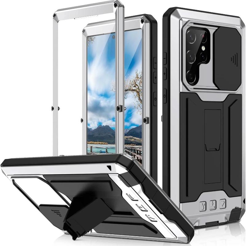 Für Samsung S25 Edge S24 S23 S22 Plus S21 Ultra Luxuriöse Robuste Metall-Rüstung Stoßfeste Hülle Displayschutzständer Kameraabdeckung
