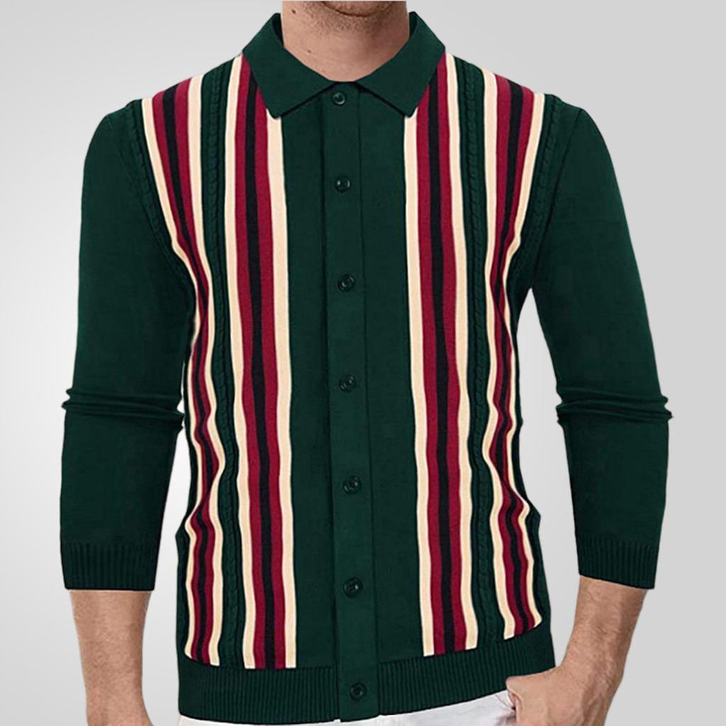 Men's Casual Striped Color - Blocked Knitted Cardigan With Lapel Outerwear