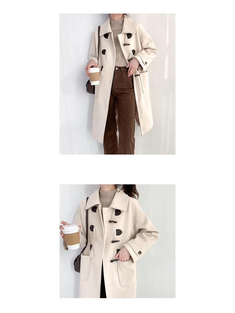 Women's Retro Toggle Wool Coat: Mid-Length Korean Preppy Style, Thickened for Autumn & Winter 2023