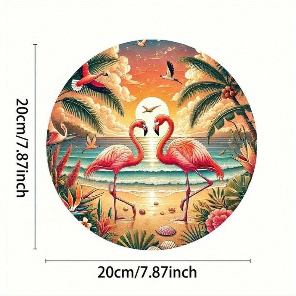 Metal Poster Flamingo Tropical Sunset Wall Art, Retro Patina Round Beach Decor