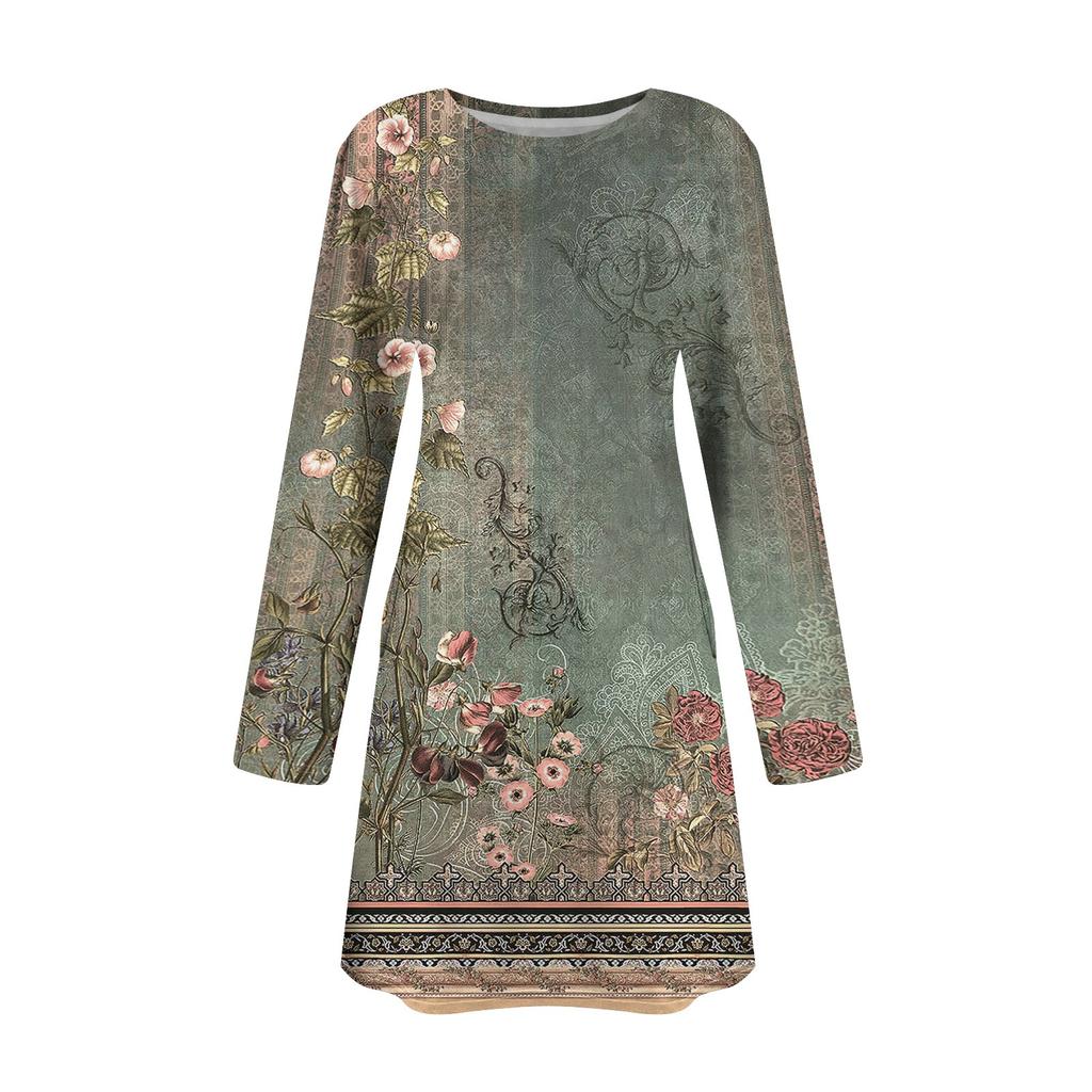 Women's Fashion Casual Print Round Neck Long Sleeve Short Side Pocket Dress