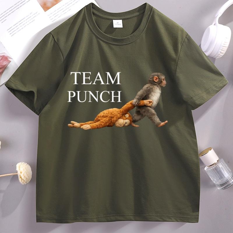 Team Punch Graphic T Shirts Punch The Monkey Holding Plush Toy TShirt Funny Short Sleeve Oneck Tshirt Cotton Male Tees