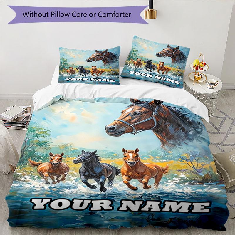 3PC Custom Name Horse Family Free Bedding Set Duvet Cover Closure Includes 1 Duvet Cover & 2 Pillowcases for Bedroom