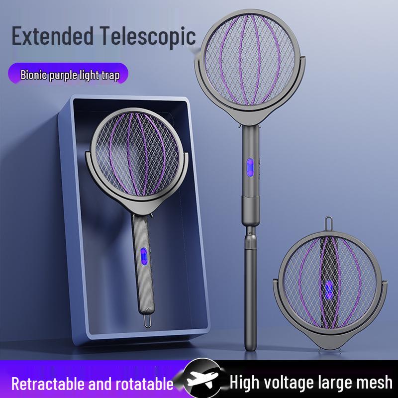 New 4-in-1 Foldable Electric Mosquito Swatter: Rechargeable Telescopic Killer Lamp & Wall-Mounted Swatter.