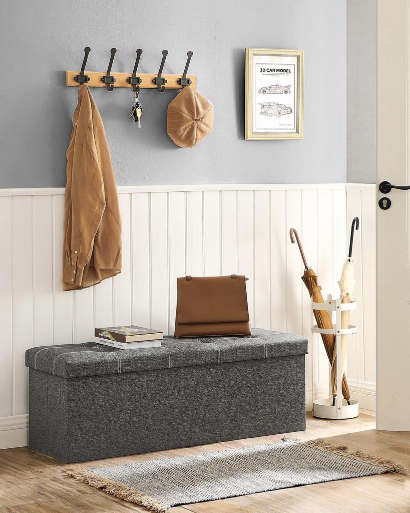 SONGMICS Storage Ottoman, Foldable Storage Chest, 110 x 38 x 38 cm, Faux Linen Footstool, Holds up to 300 kg, Bedroom Living Room Hallway, Dark Gray