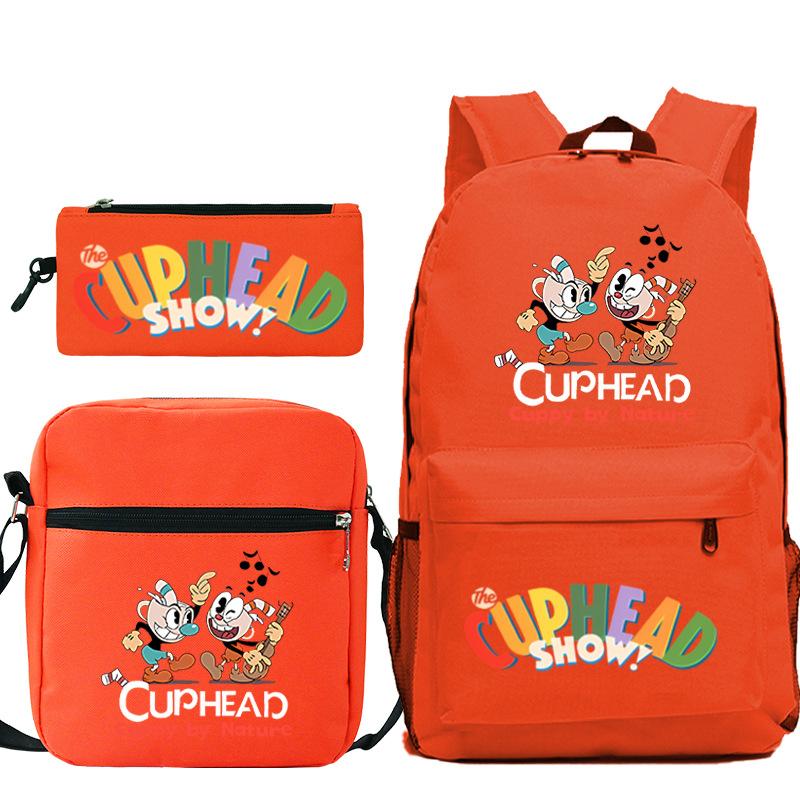 Cartoon Teacup Head Cuphead Student Backpack Oblique Span Bag Pencil Bag Primary And Secondary School Students Children'S Schoolbag Three-Piece Set