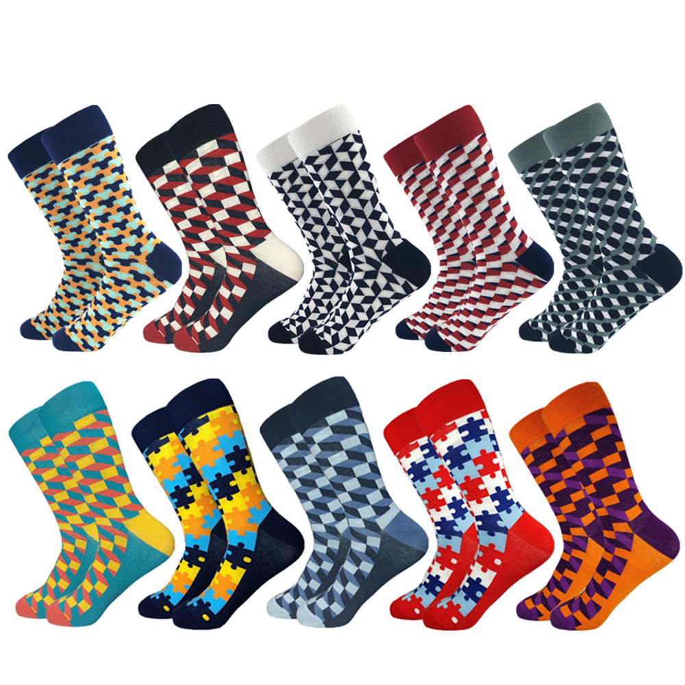 Classic  Men Socks Casual Gentleman High Quality Color Puzzle happy Socks Business Party Dress Cotton Socks for Men