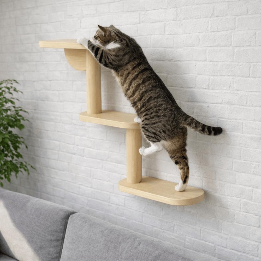 Solid Wood Cat Climbing Shelves 3-Level Floating Shelves Wall Mounted Cat Tree Space Saving Cat Sisal Scratching Post