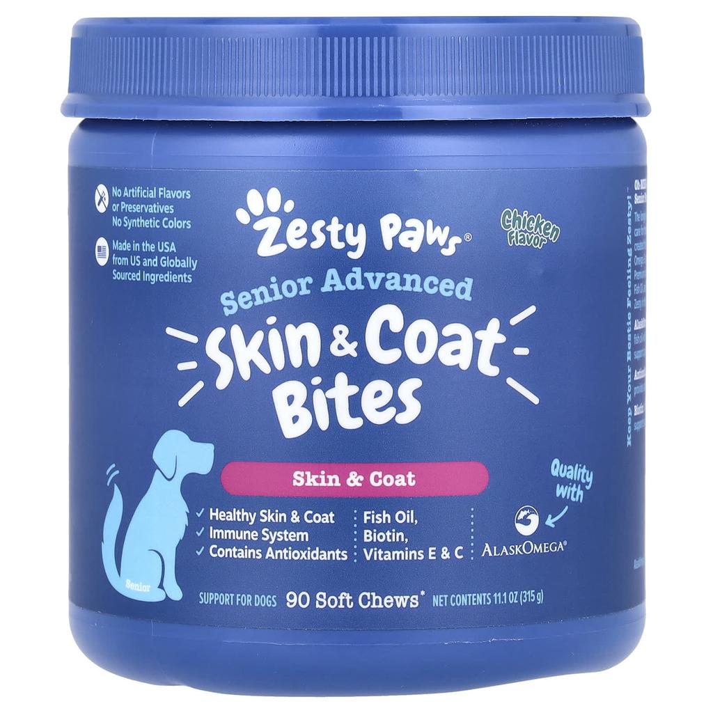 Senior Advanced, Skin & Coat Bites, For Dogs, Chicken, 90 Soft Chews, 11.1 Oz (315 G)