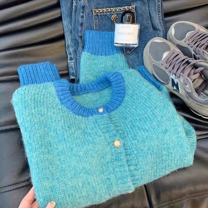 Blue Round Neck Knitted Cardigan Sweater Women's Autumn Winter Lazy Style Short Coat Long Sleeve Top Women's Clothing