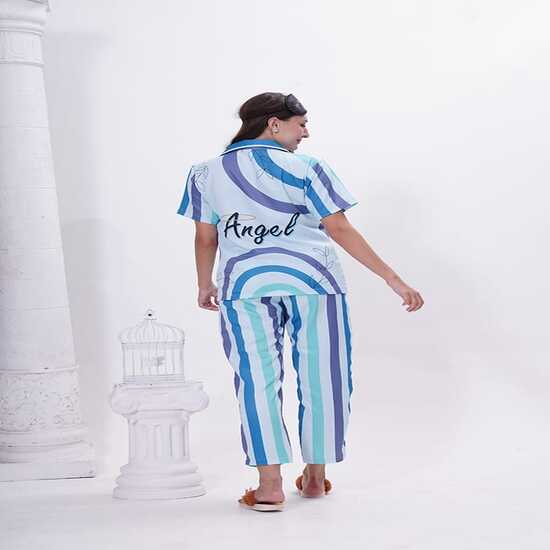 Women's Blue Striped Night Suit with "Angel" Graphic | Short Sleeve Pajama 3PC Set