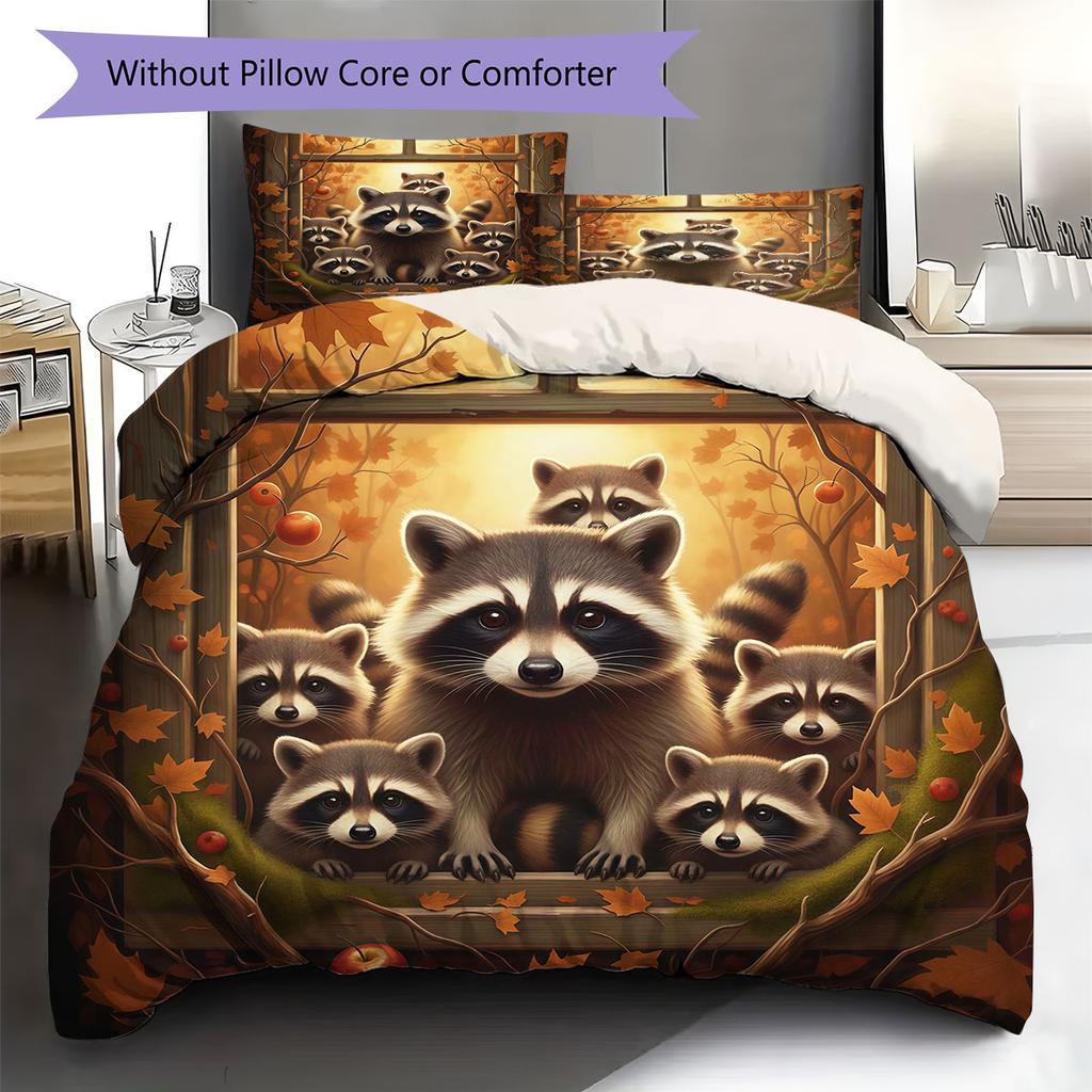 Autumn leaves animals Pattern Bedding Quilt Set Quilt Cover Pillowcase Home Decoration Birthday Gift (1 * duvet cover + 2 * pillowcase, without core)