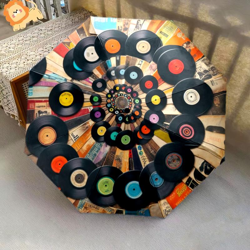 1PC Music Records Umbrella Portable Folding Umbrella Iron Frame Hole Bone Structure Outdoor Home Umbrella A7