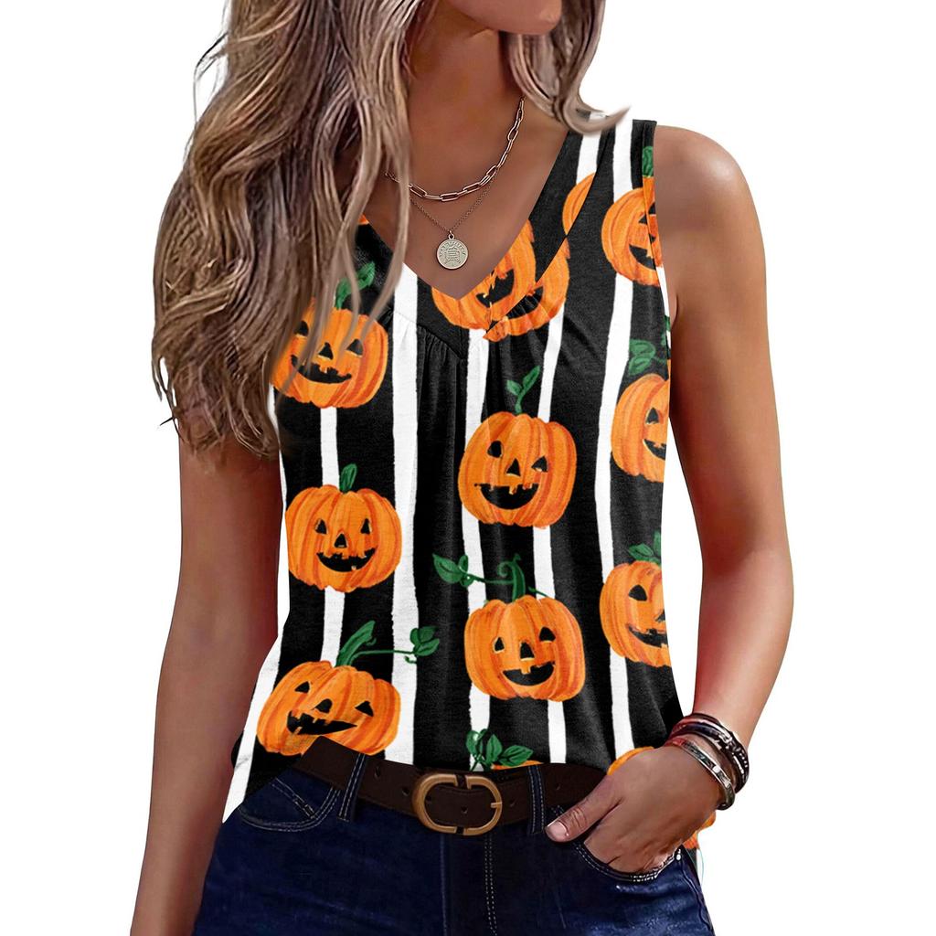Women's Sleeveless V-Neck Halloween Print Tank Top for Casual Wear