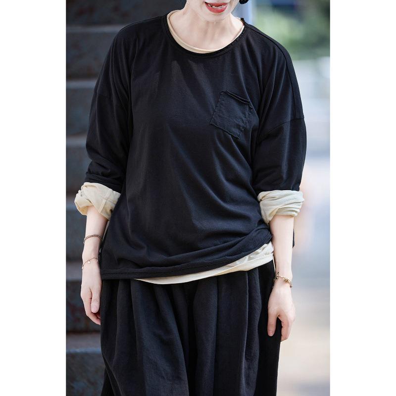 Retro Literary Black Three-Season Lightweight Long-Sleeved T-shirt L
