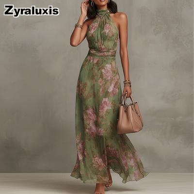 Nouvelle Collection Printemps Robes pour Femmes Robe Maxi Imprimé Floral Importé à Col en V Sans Manches