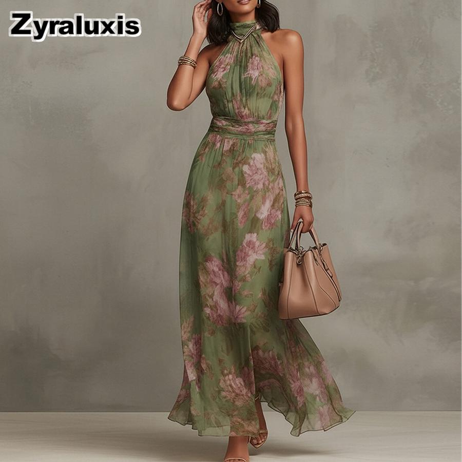 Spring New Women's Dresses Imported Floral Print Maxi Dress with V-Neck Sleeveless