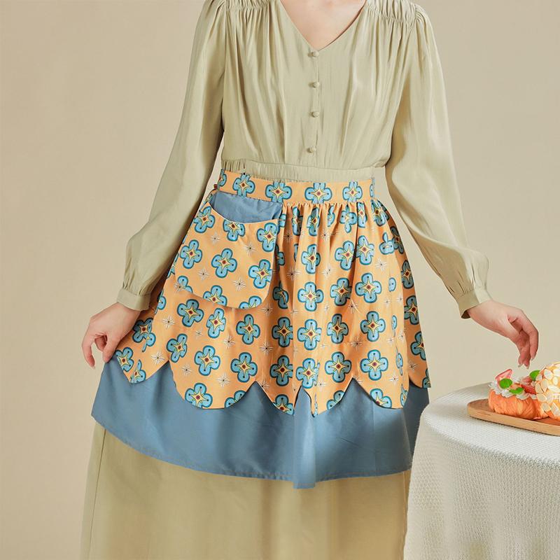 Retro Flower Short Half Waist Apron Kitchen Cooking Apron Bib Maid Costume Women Waitress Home Kitchen Restaurant Waiter Apron