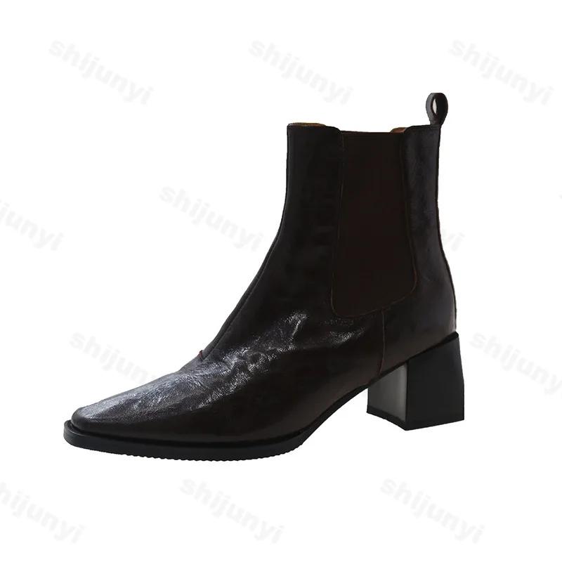 Fashion High Heels Ankle Boots Women Shoes Fashion Pointed Toe Booties 2024 New Trend Thick Heel Chelsea Boots Ladies Leather Short Boot