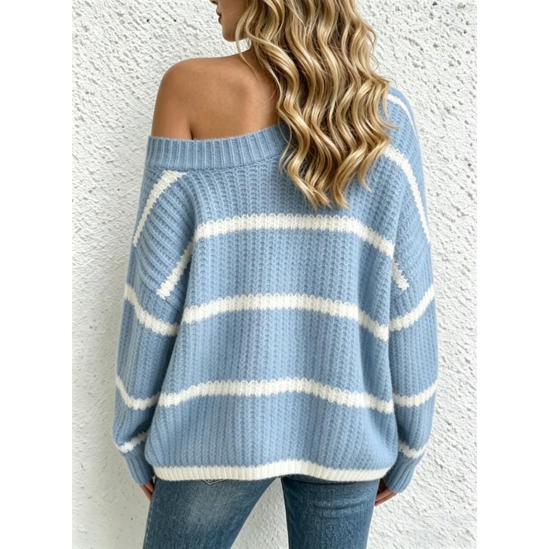 Women Casual Off Shoulder Knit Sweater Loose Fit Long Sleeve Pullover