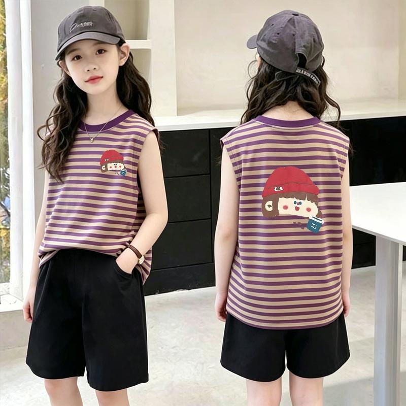 Korean Style Girls' Color Block Striped Sleeveless Vest Set - Summer New Arrivals for Medium & Large Children