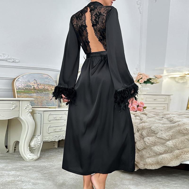 Light luxury Mao Mao decorative loose satin nightgown long lace-up V-neck bathrobe women's homewear 809