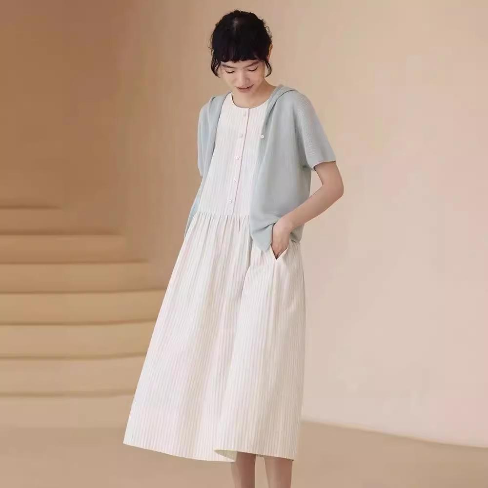 2025 Summer New Fresh Rattan-dyed Striped Vest Skirt Women's Loose and Thin Round Neck Sleeveless Solid Color Dress