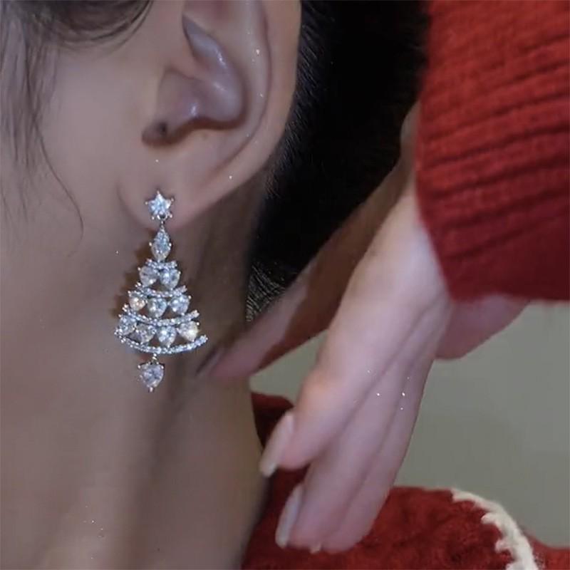 Zircon Christmas Tree Pendant Earrings - Versatile Fashion Studs, Celebrity Style Holiday Jewelry
