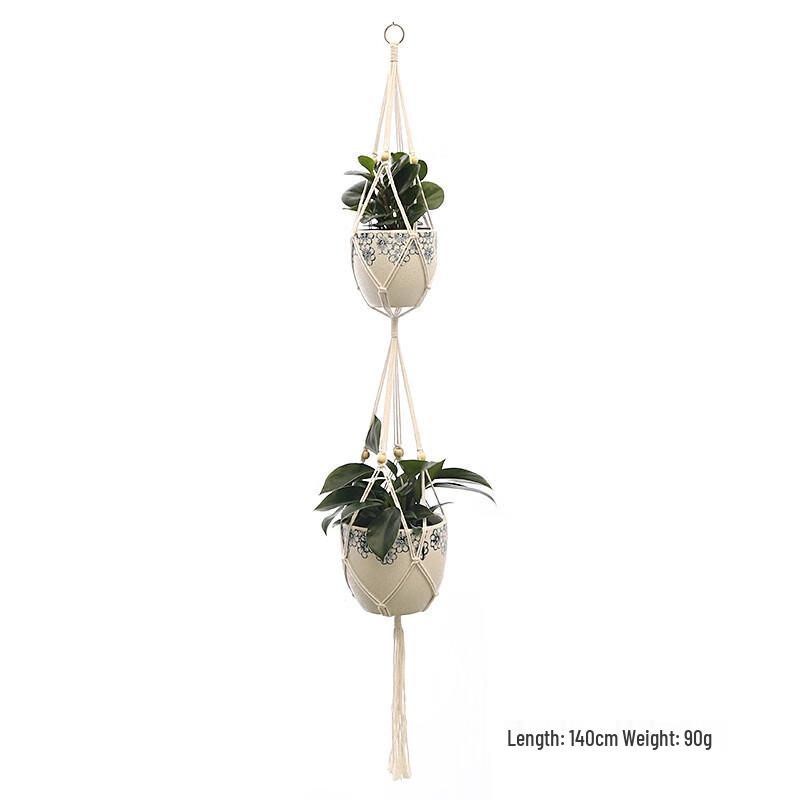 Hand-Knitted Cotton Macrame Plant Hanger with Wooden Beads (2-Pack)