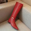 Fashion New Solid Color Cowhide 2.5cm Low Heel Knee High Boots Autumn Winter Fashion Warm Plush Red Black Spicy Girl Women Boots 34-43