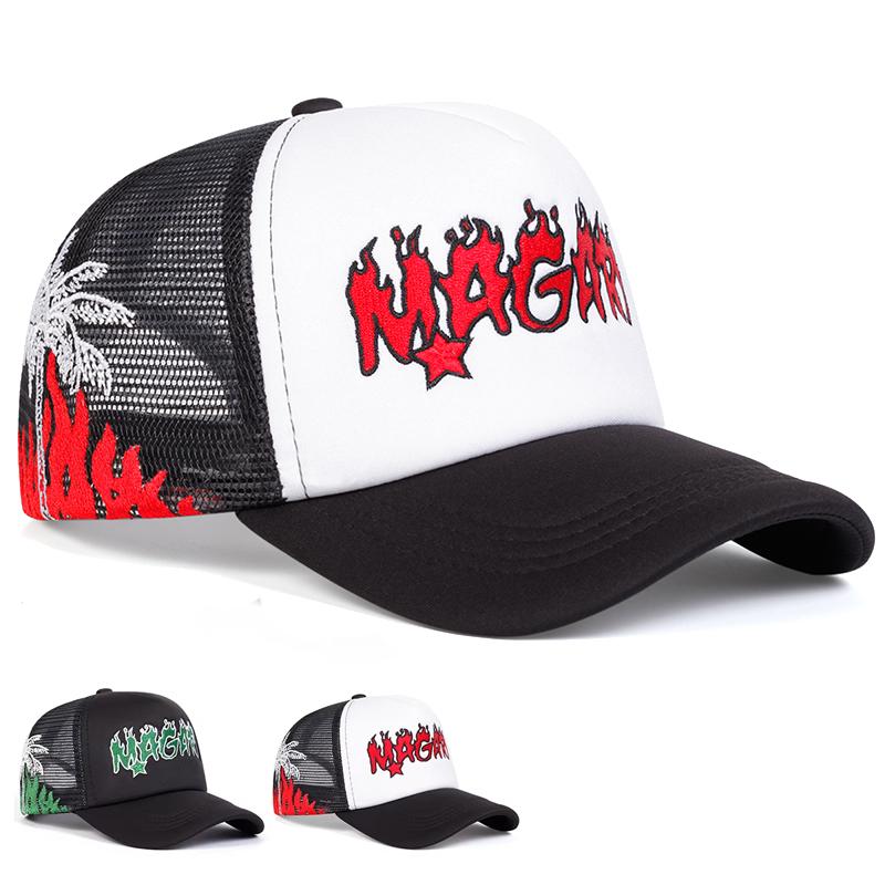 Women Magari Flame Embroidery Baseball Net Caps Spring And Summer Outdoor Use Adjustable Casual Hats Sunscreen Hat For Men And