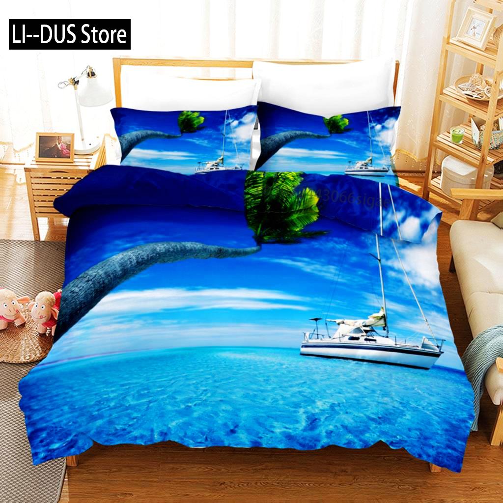 Plaj Yorgan Kılıfı Takımı Yaz Plaj Dekoru Hawaii Tatil Stili Yatak Takımı Polyester Palmiye Ağacı Tropikal Doğa Deniz Yorgan Kılıfı