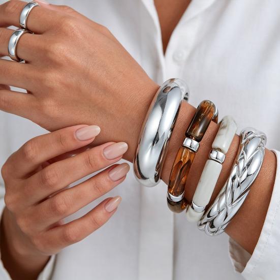 4Pcs Women Bracelet Highly Polished Bright Silver Metal Dual Material Layered Bracelets Wear-Resistant Stackable