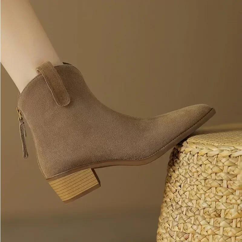 

Autumn Winter Women Boots 2026 Quality Chelsea Ankle Boots Trend Versatile Women s Shoes Fashion Suede Pointed Mid Heels Shoes 40 верблюд