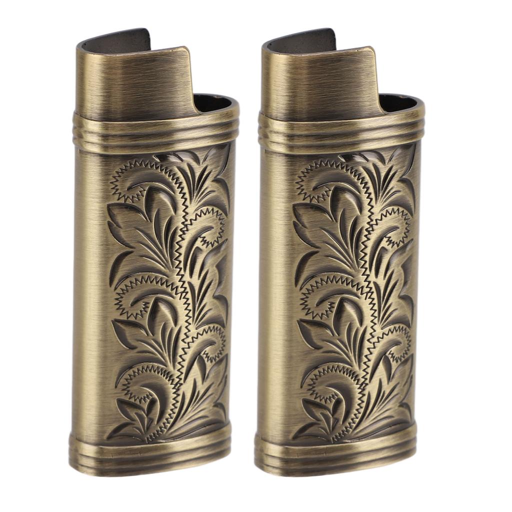 2pcs Retro Lighter Case Compact 3D Floral Stamped Engraving Zinc Alloy Protective Case Cover Bronze