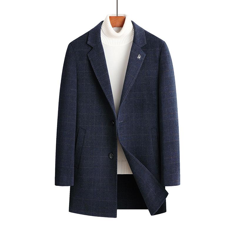 Autumn and Winter New Men's Handmade Double-sided Woolen Coat Medium and Long Suit Collar Plaid Woolen Coat Men's Coat