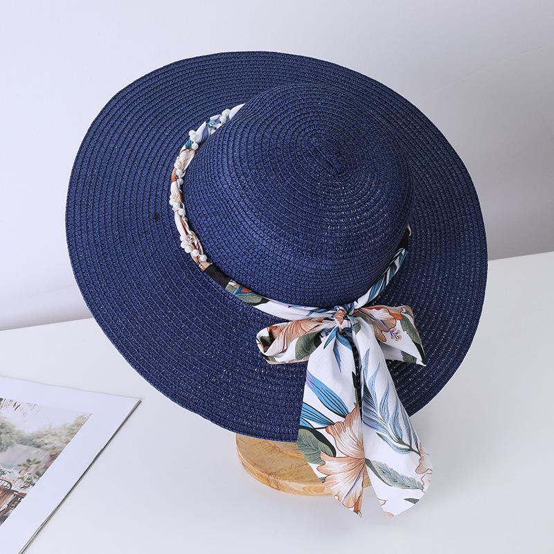 New Women's Summer UV Protection Sweet Ribbon Seaside Vacation Sunshade Bucket Hat Bow Large Brim Straw Hat