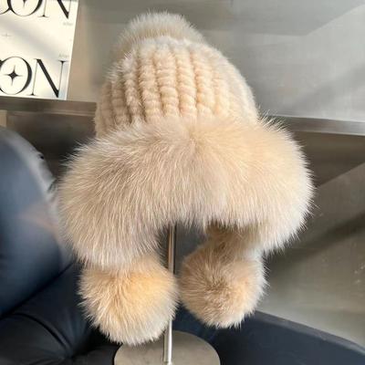 Custom Fashion Winter Women's Mink Fur Knitted Hat with Thick Fox Fur Trim and Pompoms Bucket Cap for Business and Travel