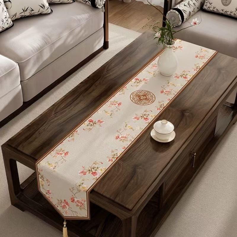 Chinese Style Table Flag Waterproof Oil Resistant Tassel Table Runner Tea House Tea Towels Zen Tea Table Cloth Hotel Bed Flag